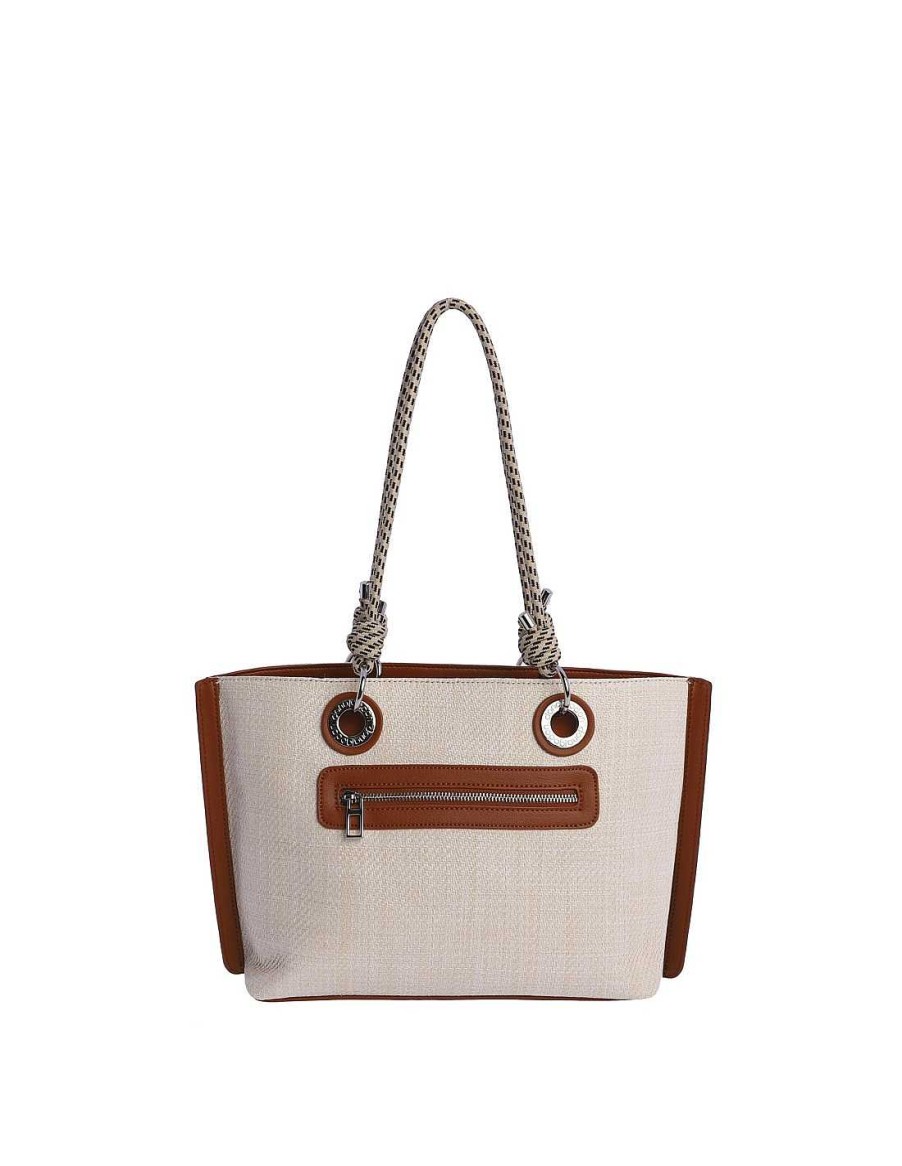 Bolsos DON ALGODON | Bolso Shopper Para Mujer Don Algodon Melinda De Rafia Cuero Con Cremallera Marron