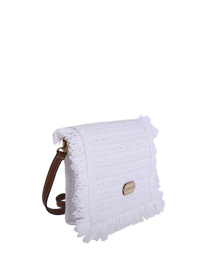 Bolsos AMICHI | Bolso Bandolera Para Mujer Amichi Sigrid De Rafia Con Cremallera Blanco