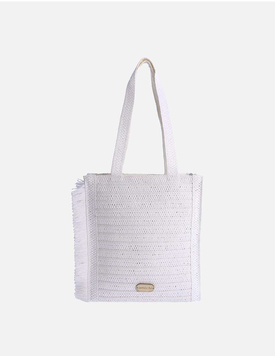 Bolsos AMICHI | Bolso De Mano Para Mujer Amichi Silvana De Rafia Con Cremallera Blanco