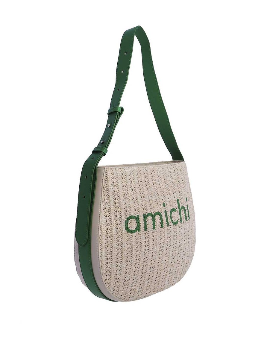 Bolsos AMICHI | Bolso Shopper Para Mujer Amichi Perla De Rafia Con Cremallera Verde