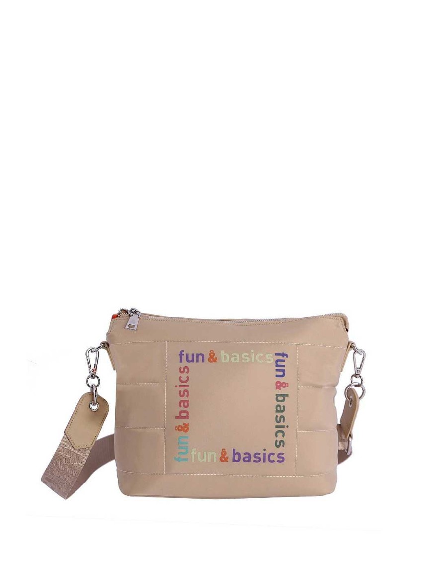 Bolsos Fun&Basics | Bolso Bandolera Para Mujer Fun&Basics Josefina De Nylon Con Cremallera Beige