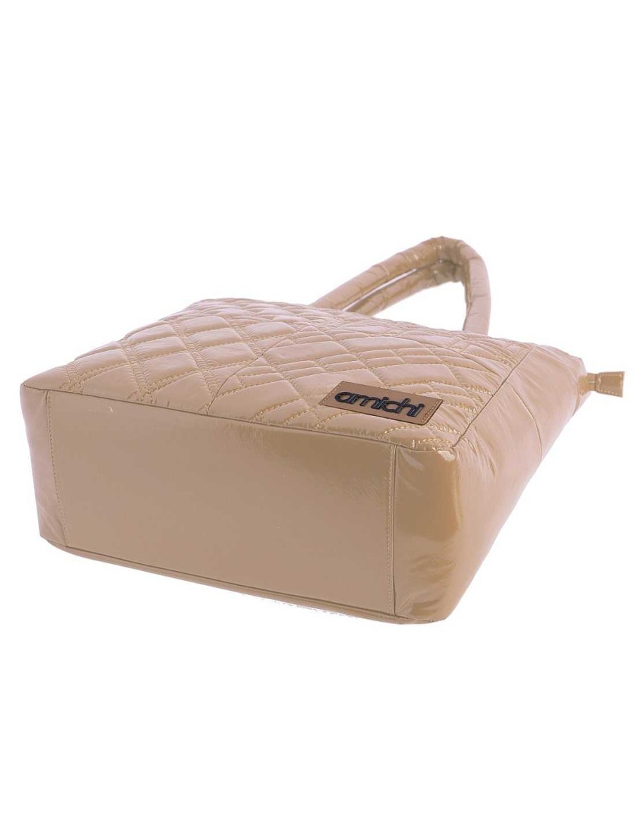 Bolsos AMICHI | Bolso Shopper Para Mujer Amichi Adela De Charol Con Cremallera Beige