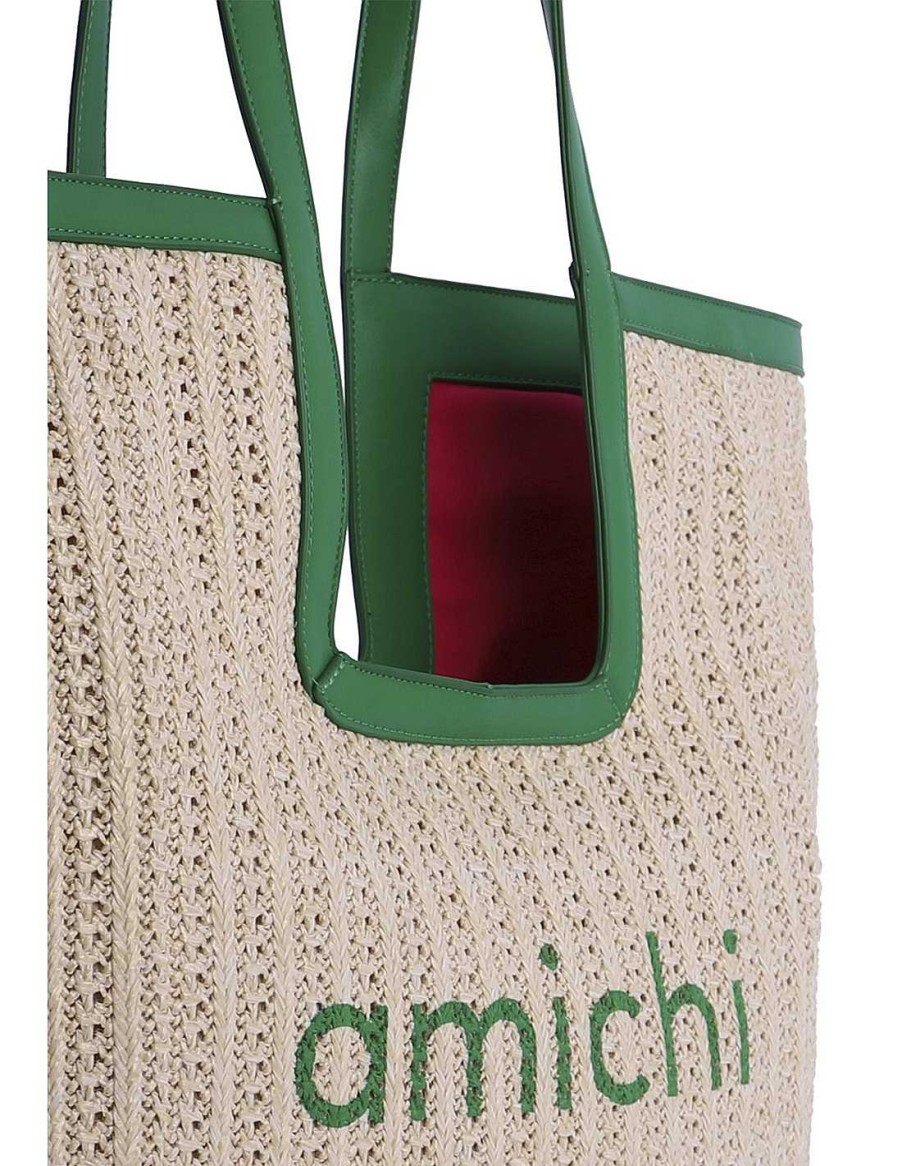 Bolsos AMICHI | Bolso Shopper Para Mujer Amichi Peregrina De Rafia Con Cremallera Verde