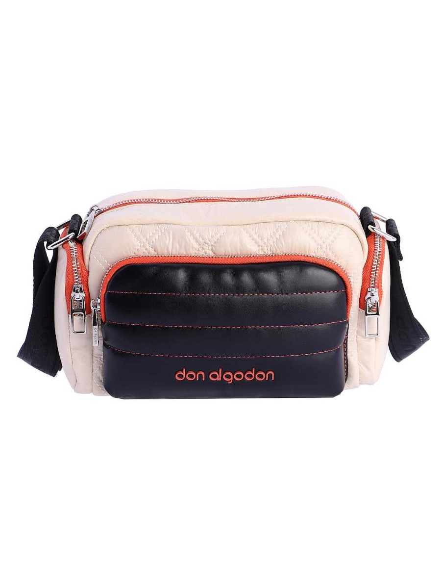 Bolsos DON ALGODON | Bolso Bandolera Para Mujer Don Algodon Camelia Textil Negro Con Llera Crema