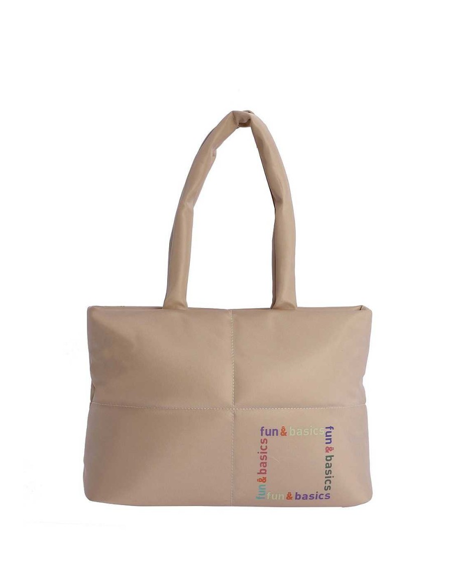 Bolsos Fun&Basics | Bolso Shopper Para Mujer Fun&Basics Jovita De Nylon Con Cremallera Beige