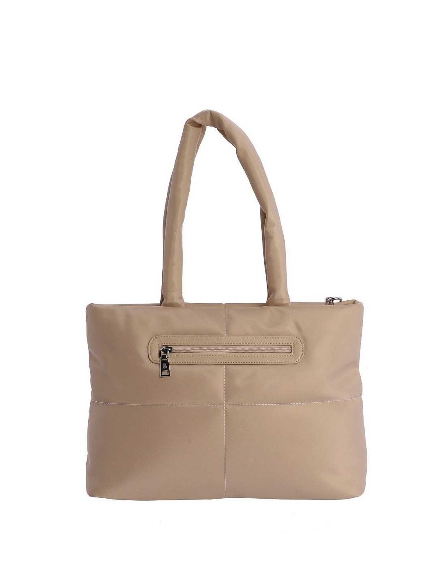 Bolsos Fun&Basics | Bolso Shopper Para Mujer Fun&Basics Jovita De Nylon Con Cremallera Beige