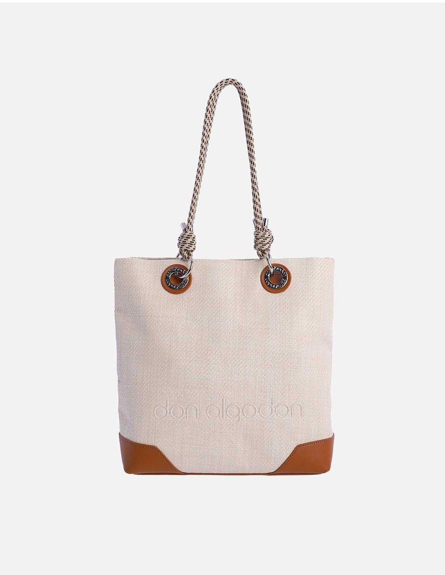 Bolsos DON ALGODON | Bolso Shopper Para Mujer Don Algodon Melibea De Rafia Cuero Con Cremallera Marron