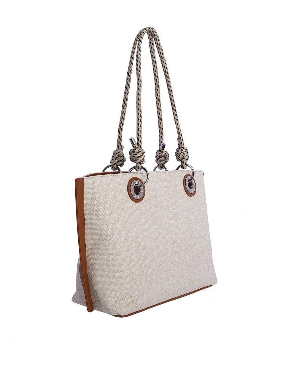 Bolsos DON ALGODON | Bolso Shopper Para Mujer Don Algodon Melinda De Rafia Cuero Con Cremallera Marron