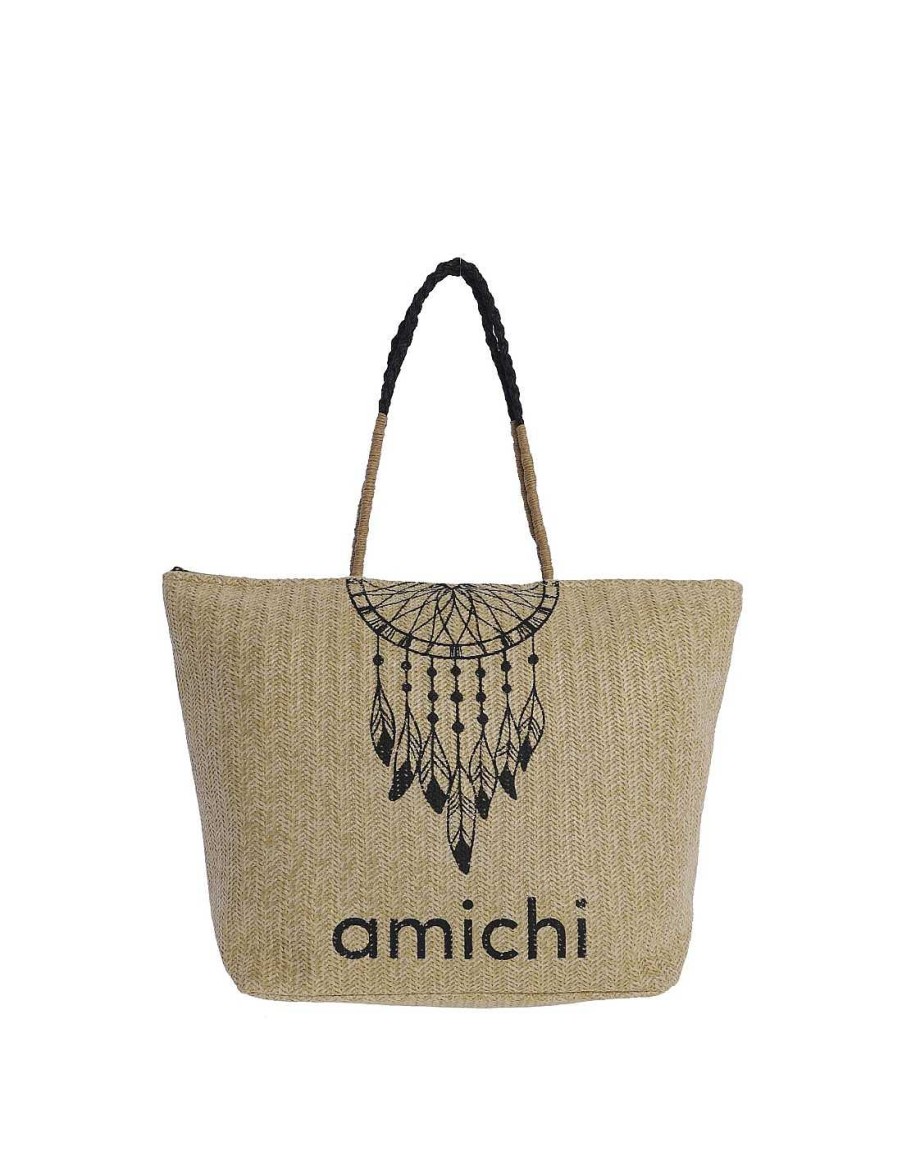 Bolsos AMICHI | Bolso De Playa Para Mujer De Rafia Amichi Severa Con Cremallera Natural