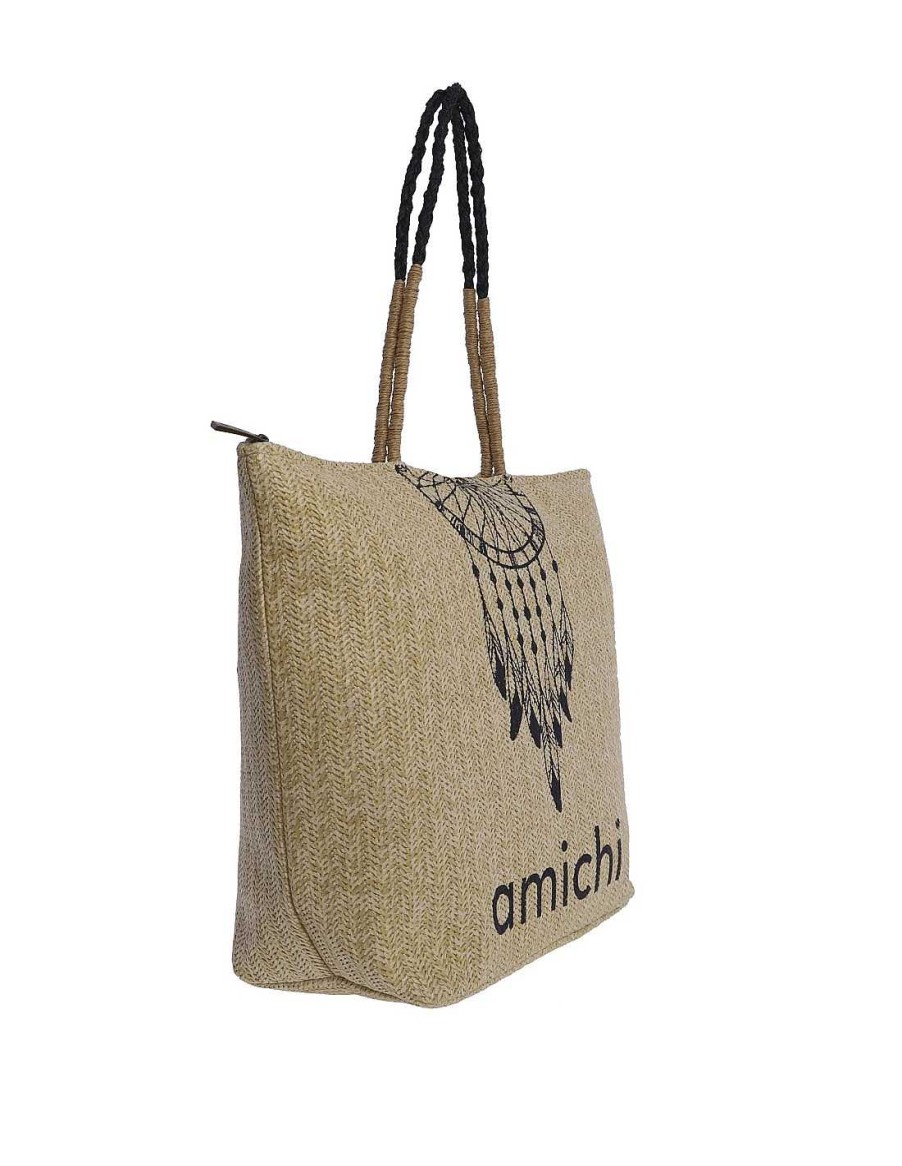 Bolsos AMICHI | Bolso De Playa Para Mujer De Rafia Amichi Severa Con Cremallera Natural