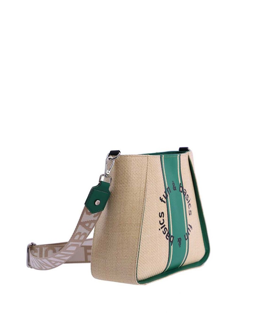 Bolsos Fun&Basics | Bolso Bandolera Para Mujer Fun&Basics Oliva De Rafia Con Cremallera Verde