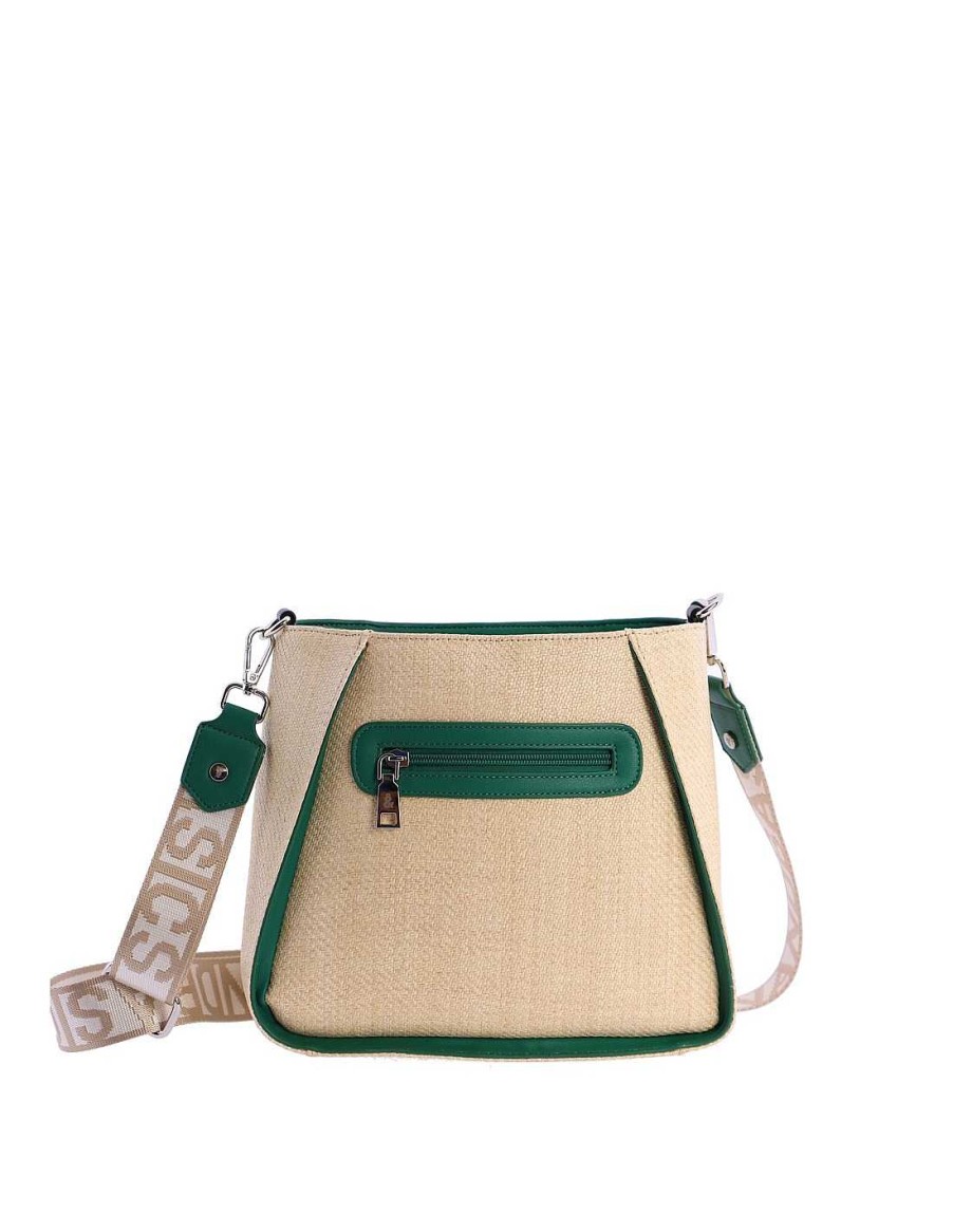 Bolsos Fun&Basics | Bolso Bandolera Para Mujer Fun&Basics Oliva De Rafia Con Cremallera Verde